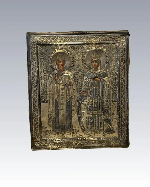 Orosz ikon – Aranyozott ezüst okláddal, szentekkel
