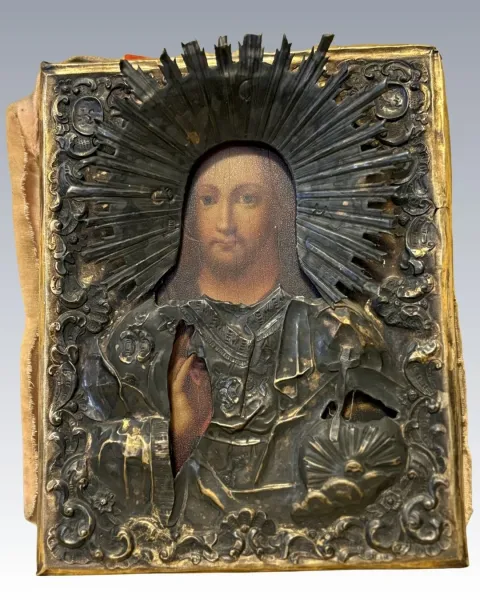 Orosz ikon – Aranyozott ezüst oklád, Gyógyító Krisztus (1847)