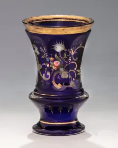 Biedermeier kobaltkék talpas pohár ezüstnitrát festéssel