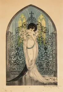 Louis Icart (1888-1950) - Art deco nő kapu előtt 1928