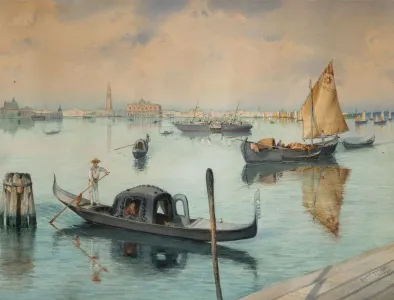 Koszkol Jenő (1868–1935) Velencei részlet gondolákkal és halászbárkákkal